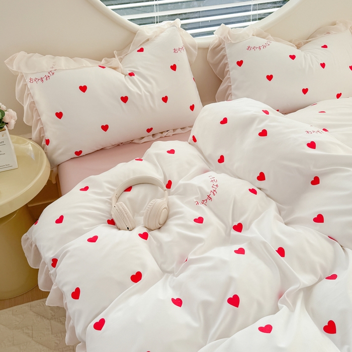 91家纺网 家纺一手货源 找家纺 苏拉家居 2025新款雪纺花边云感提花针织双层纱四件套 爱你哟