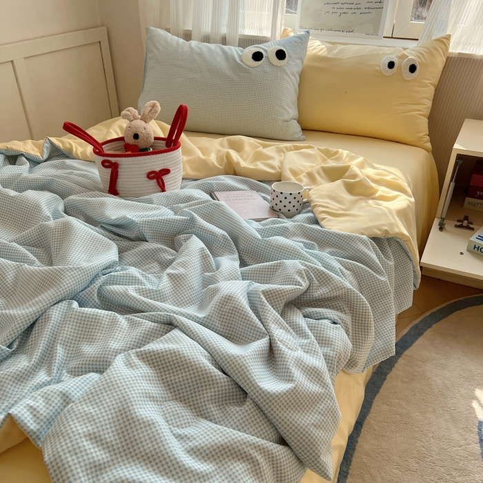 91家纺网 家纺一手货源 找家纺 慕尚家纺 2025新款大眼萌仔夏被 大眼萌 蓝格黄