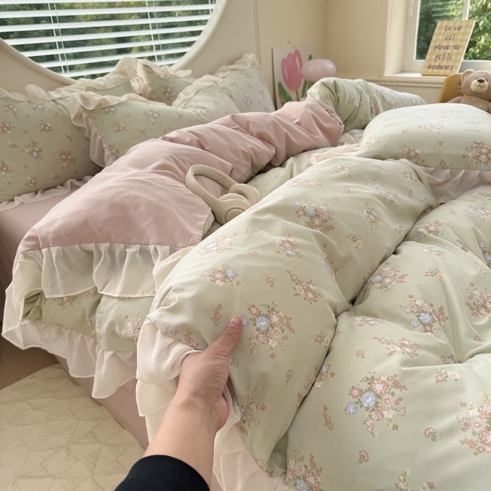 91家纺网 家纺一手货源 找家纺 苏拉家居 2025新款雪纺花边云感提花针织双层纱四件套 茶里茶气