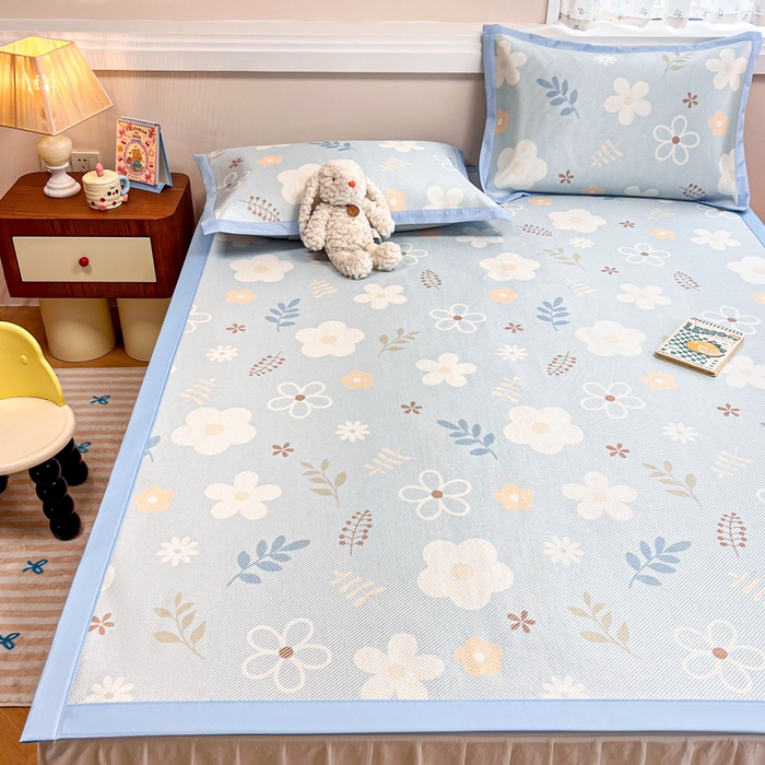 91家纺网 家纺一手货源 找家纺 慕尚家纺 2025新款数码印花床席床笠款冰藤席 床席款-花朵蓝