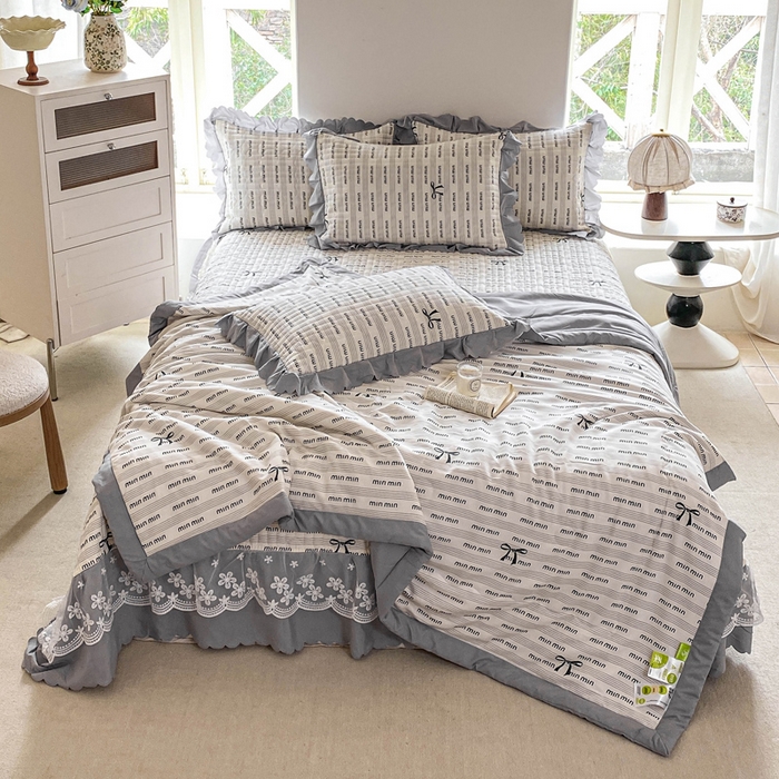 91家纺网 家纺一手货源 找家纺 2025新款直播热款A类针织棉双层纱床盖款夏被四件套 min-灰