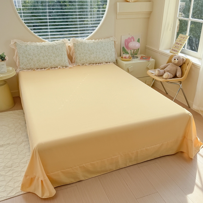 91家纺网 家纺一手货源 找家纺 苏拉家居 2025新款雪纺花边云感提花针织双层纱四件套 风铃草