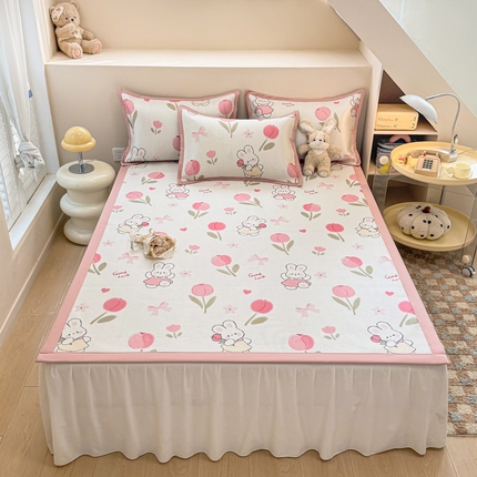 2025新款懒猫600D数码印花冰藤凉席 花朵粉兔