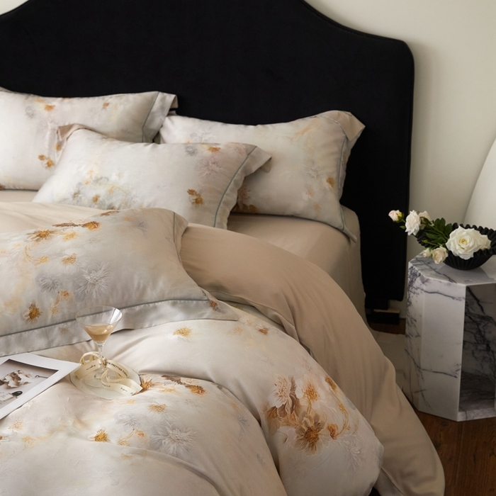 91家纺网 家纺一手货源 找家纺 金奇达家纺 2025新款竹玉清丝四件套-雅韵【标准号全网控价（折后券后）不低于元228元】 浅调暖情-杏色