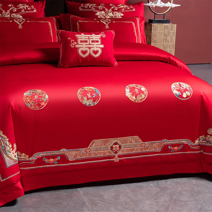 91家纺网 家纺一手货源 找家纺 博之洋婚庆 2025新款全棉长绒棉刺绣新中式婚庆系列多件套江山如画早生贵子