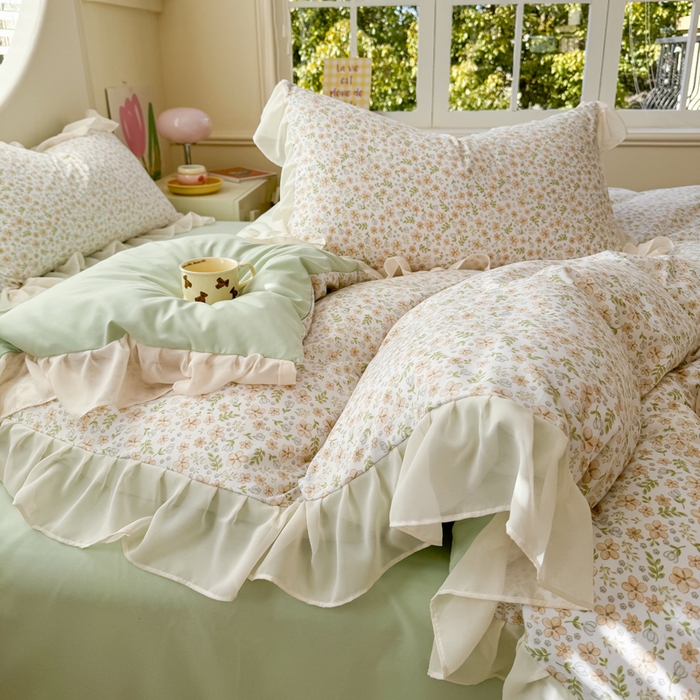 91家纺网 家纺一手货源 找家纺 苏拉家居 2025新款雪纺花边云感提花针织双层纱四件套 繁花