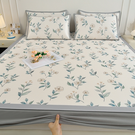 简一 2025新款A类碳光印花数码冰丝凉席系列-床笠款 浅花枝香