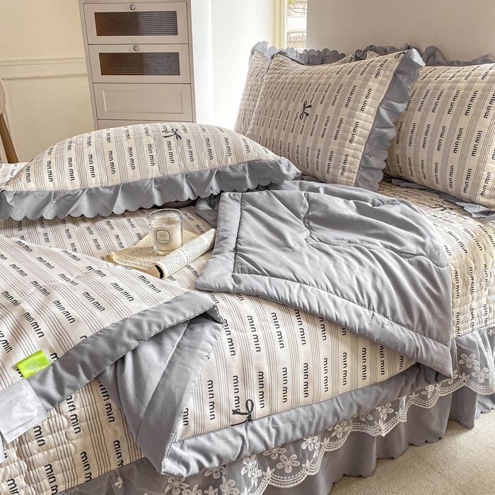 91家纺网 家纺一手货源 找家纺 2025新款直播热款A类针织棉双层纱床盖款夏被四件套 min-灰