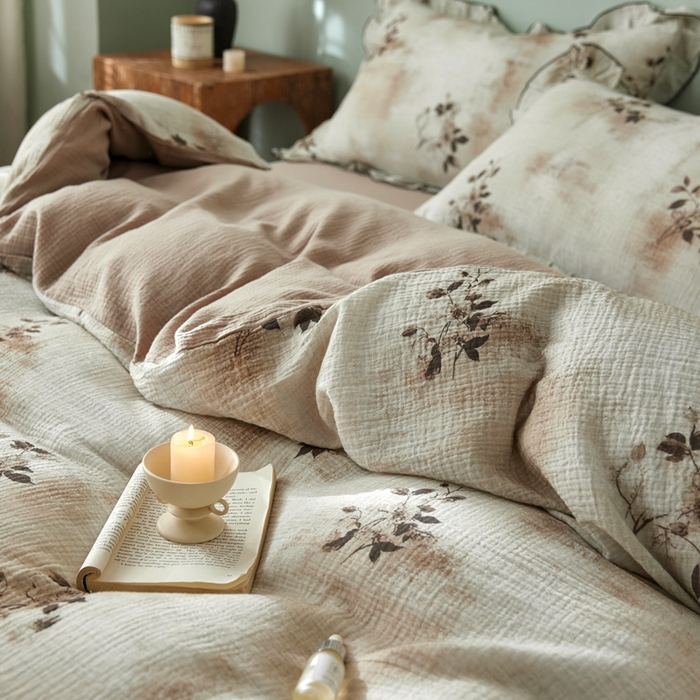 91家纺网 家纺一手货源 找家纺 安莱生活 2025新款全棉精梳棉双层纱绉纱数码印花四件套 云屿间-咖