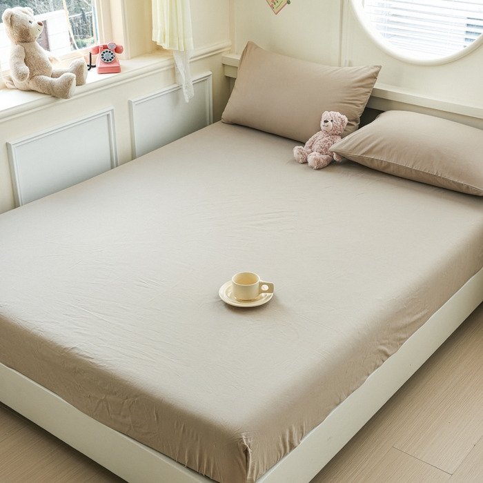 91家纺网 家纺一手货源 找家纺 2025新款全棉A类简约素色水洗棉纯棉单床笠 卡其