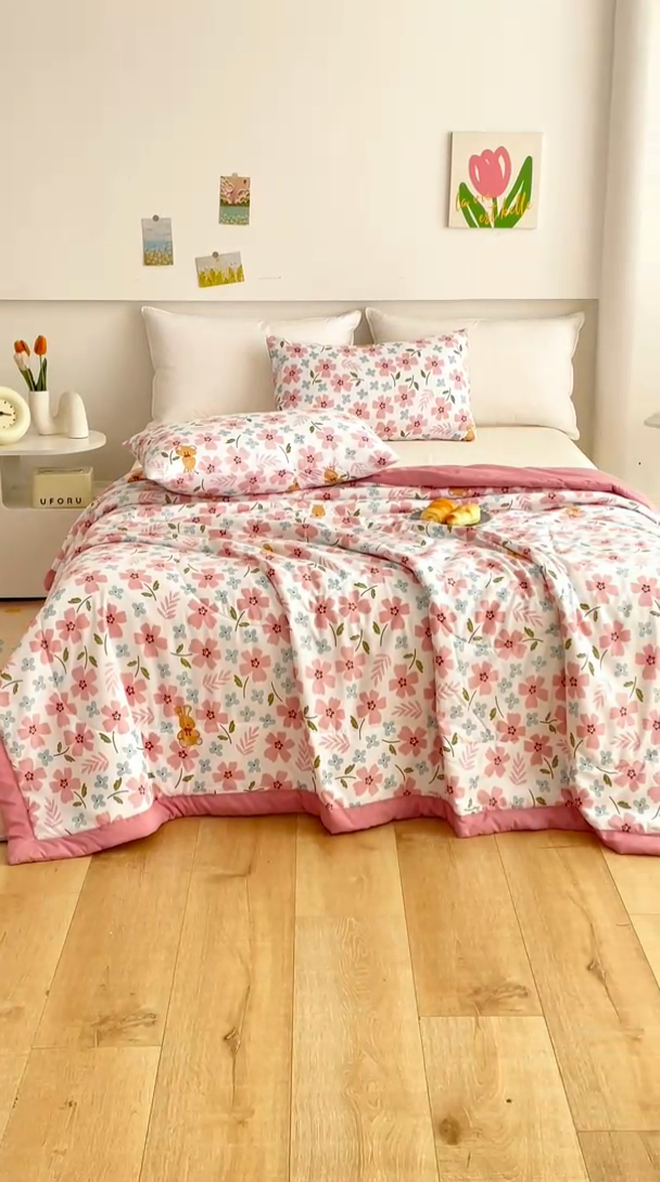 91家纺网 家纺一手货源 找家纺 海洋家纺 2025款水洗棉纯棉花夏凉被全棉花印花夏被空调被薄被子 悠然粉