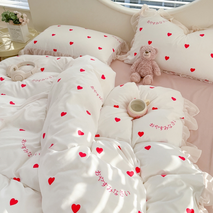 91家纺网 家纺一手货源 找家纺 苏拉家居 2025新款雪纺花边云感提花针织双层纱四件套 爱你哟