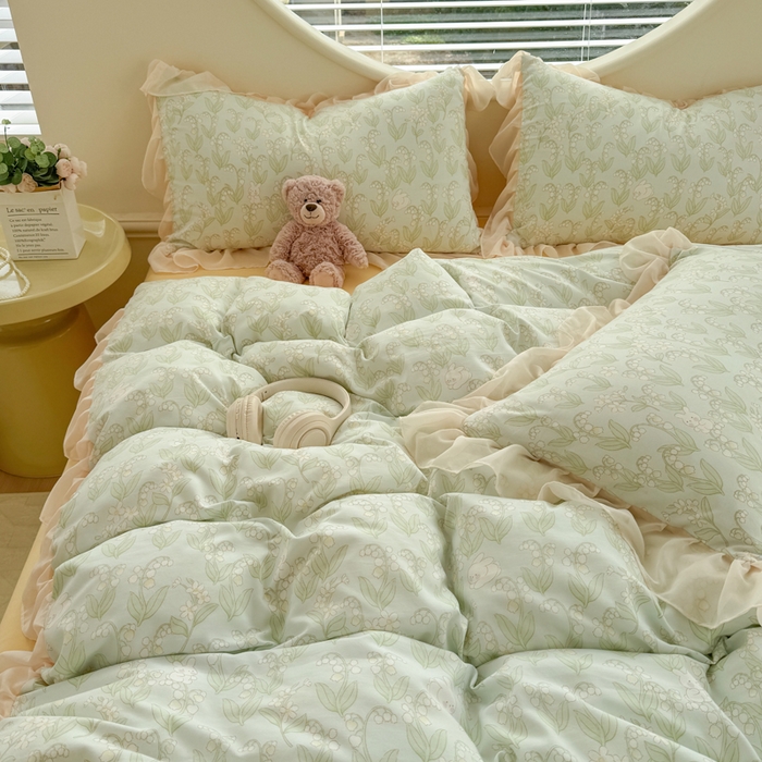 91家纺网 家纺一手货源 找家纺 苏拉家居 2025新款雪纺花边云感提花针织双层纱四件套 风铃草