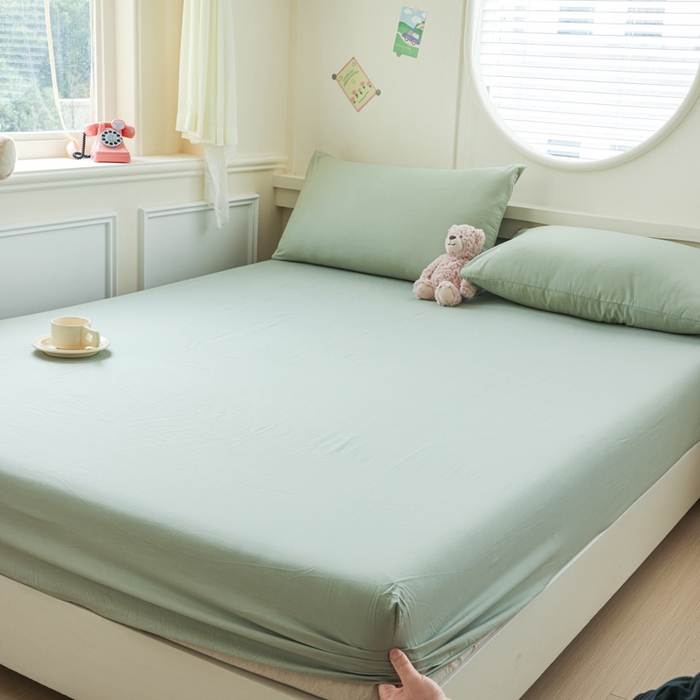 91家纺网 家纺一手货源 找家纺 2025新款全棉A类简约素色水洗棉纯棉单床笠 薄荷绿