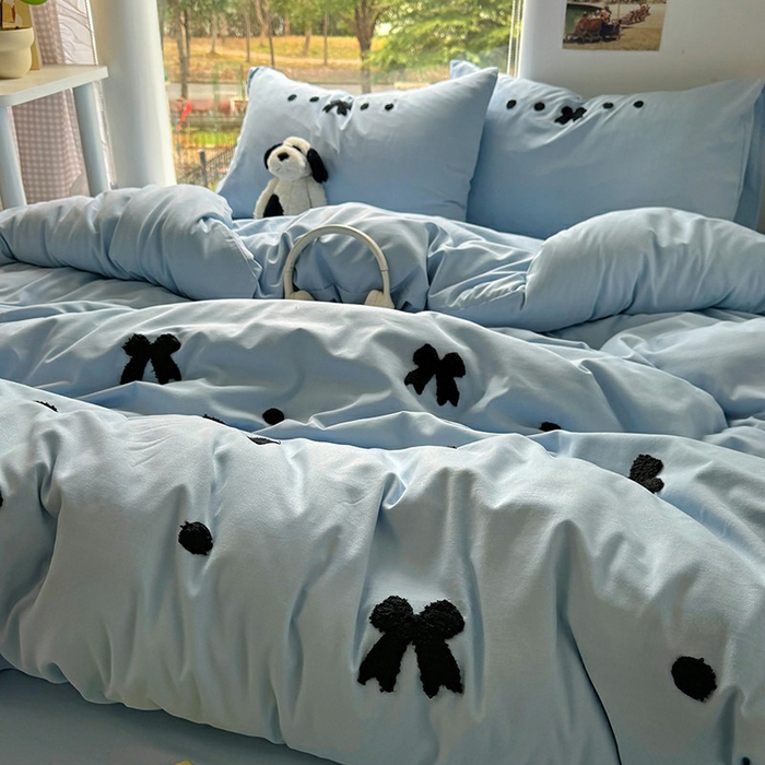 91家纺网 家纺一手货源 找家纺 耀达家居 2025新款A类水洗棉毛巾绣四件套 蝴蝶结-蓝