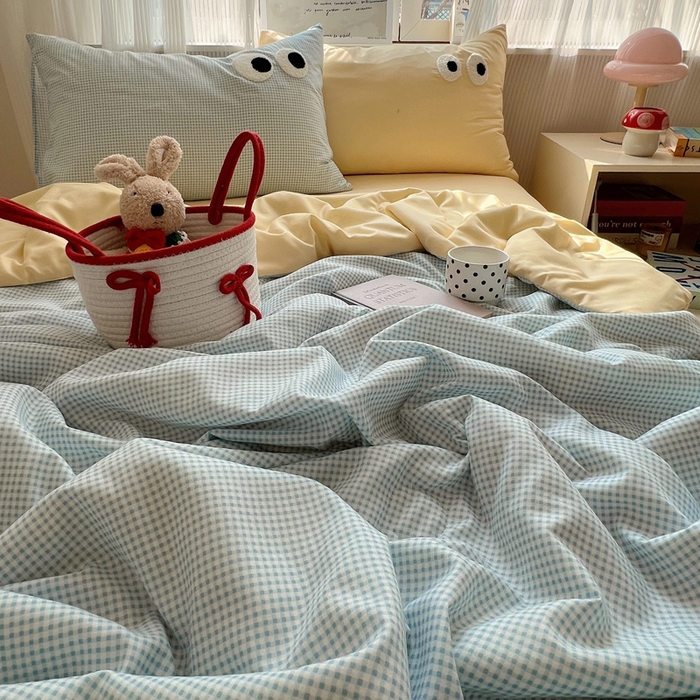 91家纺网 家纺一手货源 找家纺 慕尚家纺 2025新款大眼萌仔夏被 大眼萌 蓝格黄