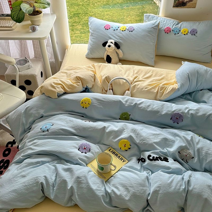 91家纺网 家纺一手货源 找家纺 耀达家居 2025新款A类水洗棉毛巾绣四件套 奇趣豆-海盐