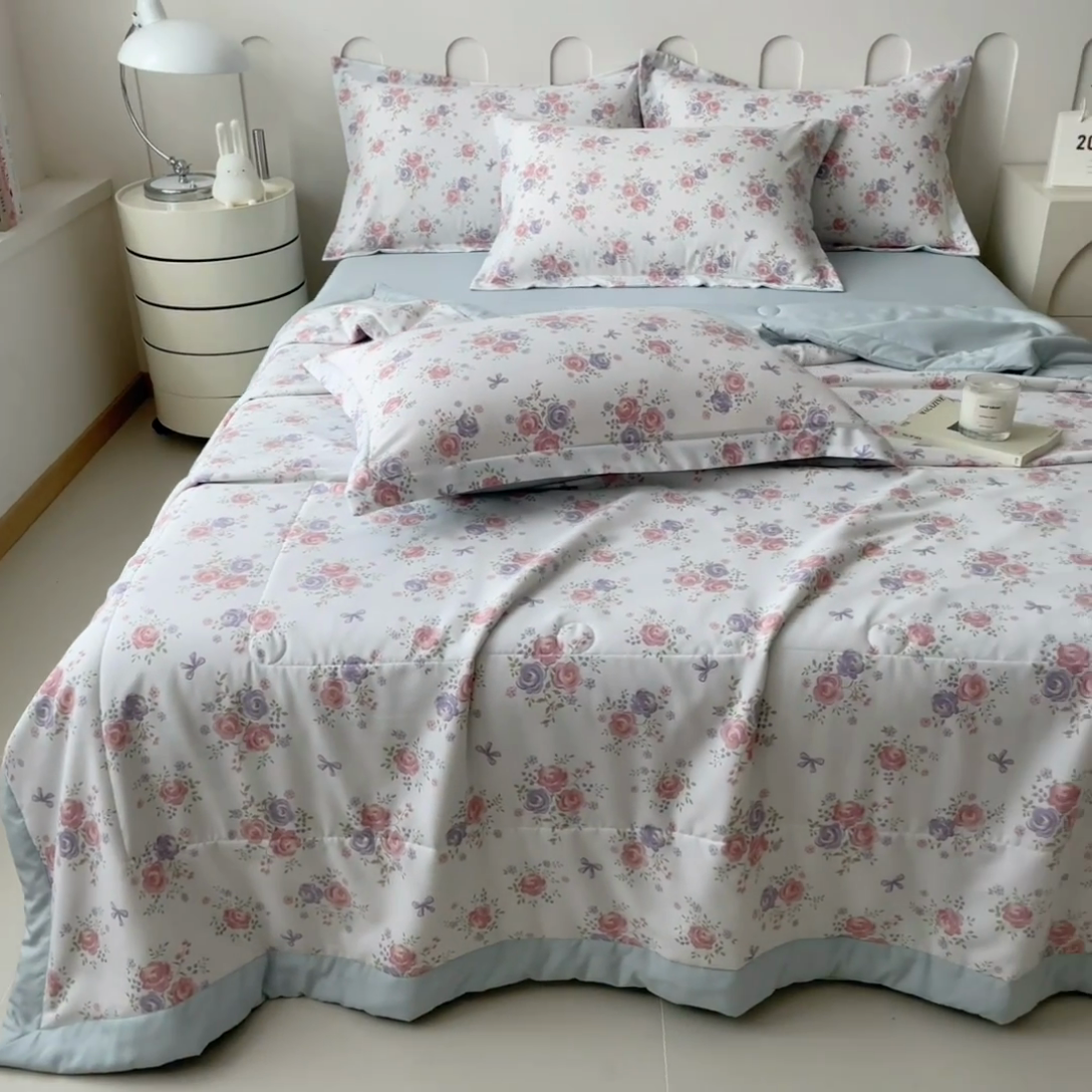 91家纺网 家纺一手货源 找家纺 宝士康家纺 2025新款10A抗菌针织夏被四件套 花影阑珊