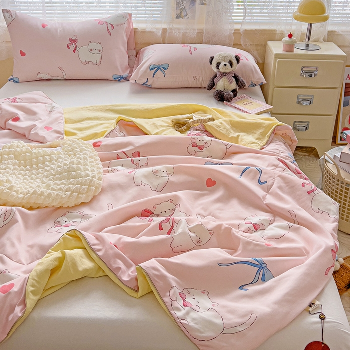 91家纺网 家纺一手货源 找家纺 2025春夏新款嵌绳款云柔水洗棉单夏被夏凉被空调被 嵌绳夏被-小蝴蝶结