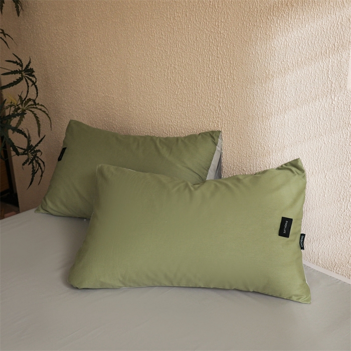 91家纺网 家纺一手货源 找家纺 启程2025新款全棉纯色双拼无印风四件套 抹茶绿+绅士灰