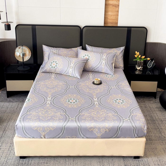 91家纺网 家纺一手货源 找家纺 纽缦家纺 2025新款印花冰丝床笠 一览芳华紫