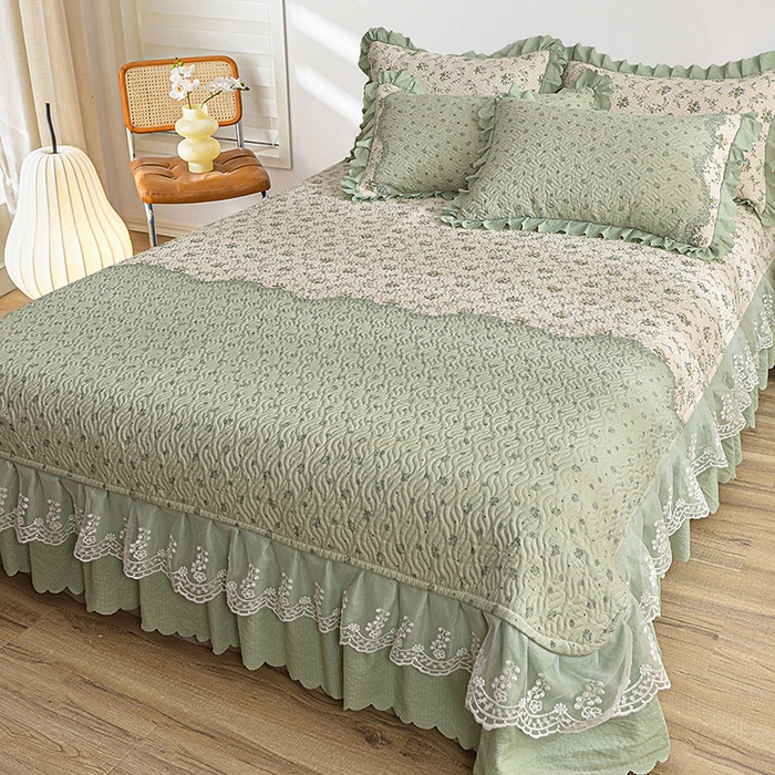 91家纺网 家纺一手货源 找家纺 梦柏 2025新款韩版双层纱夹棉绗缝床盖夏被四件套 林荫