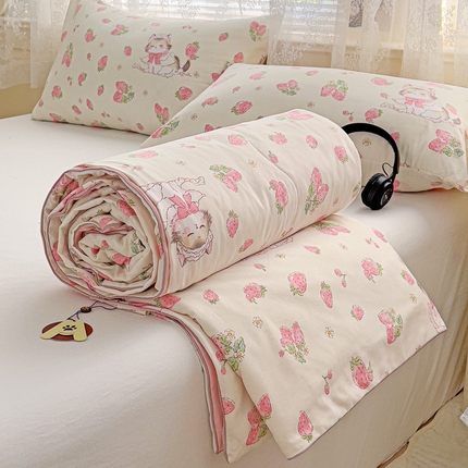 2025春夏新款嵌绳款云柔水洗棉单夏被夏凉被空调被 嵌绳夏被-草莓小猫