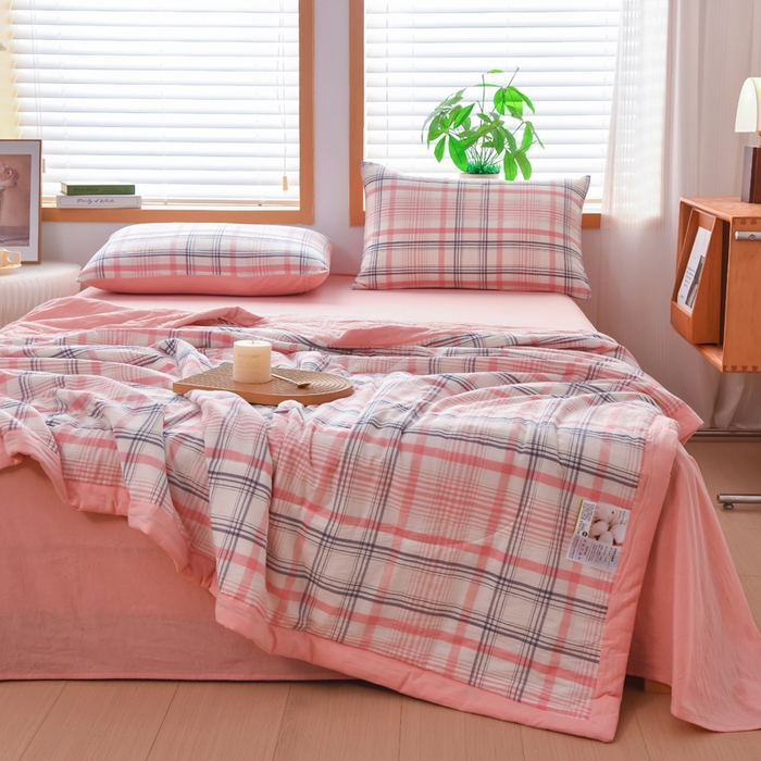 91家纺网 家纺一手货源 找家纺 圣尔雅家纺 2025新款里外全棉色织夏被新疆棉花被纯棉被子空调被夏凉被 粉条格