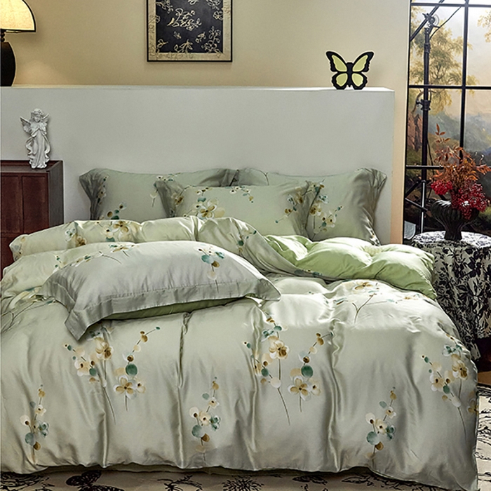 91家纺网 家纺一手货源 找家纺 未来家居 2025春夏新款100支莱赛尔天丝贡缎纯色印花系列高端礼盒四件套 初禾-绿