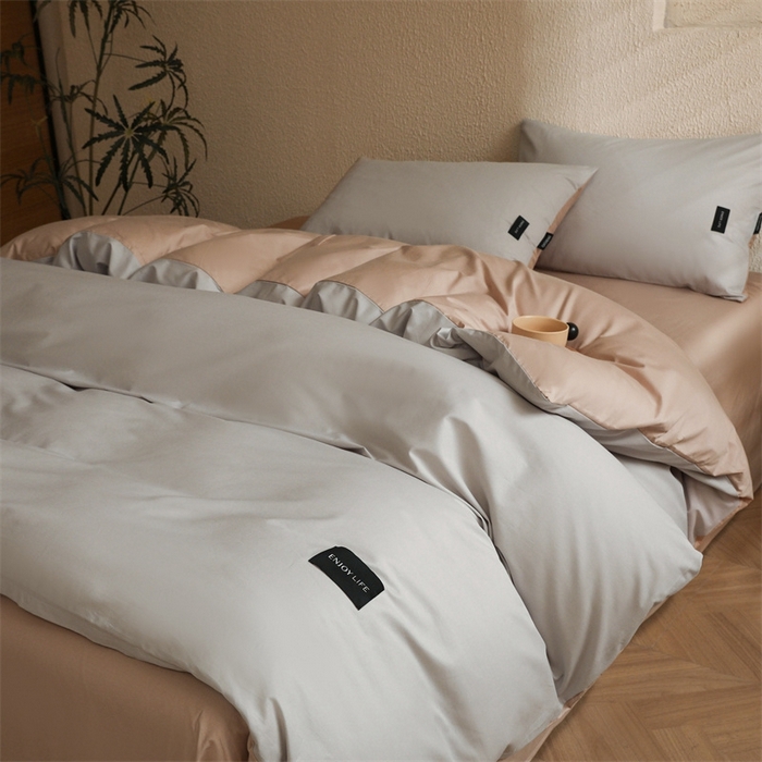 91家纺网 家纺一手货源 找家纺 启程2025新款全棉纯色双拼无印风四件套 绅士灰+杏仁