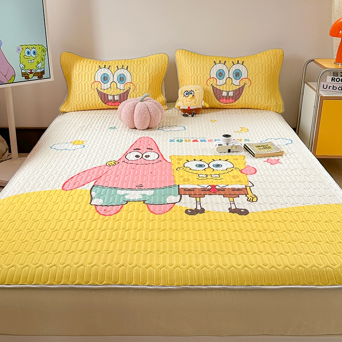 91家纺网 家纺一手货源 找家纺 金爱家 2025新款海绵宝宝乳胶凉席床笠款凉席席子 凉席床笠款-伙伴海绵宝宝