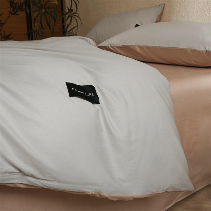 91家纺网 家纺一手货源 找家纺 启程2025新款全棉纯色双拼无印风四件套 绅士灰+杏仁