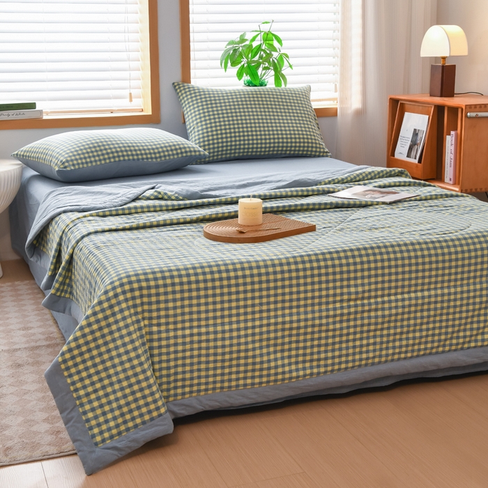 91家纺网 家纺一手货源 找家纺 圣尔雅家纺 2025新款里外全棉色织夏被新疆棉花被纯棉被子空调被夏凉被 黄蓝小格