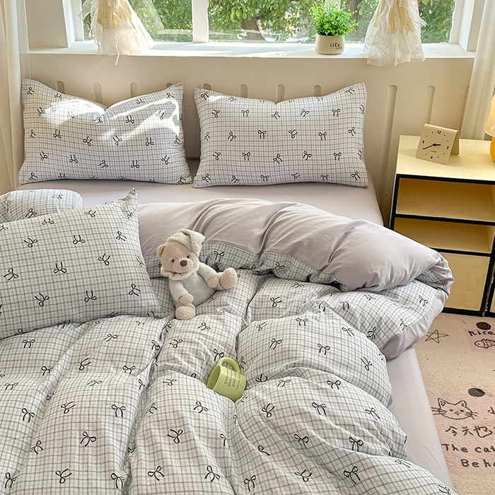 91家纺网 家纺一手货源 找家纺 玖明2025新款A类加厚柔软针织棉双层纱四件套 蝴蝶结-蓝