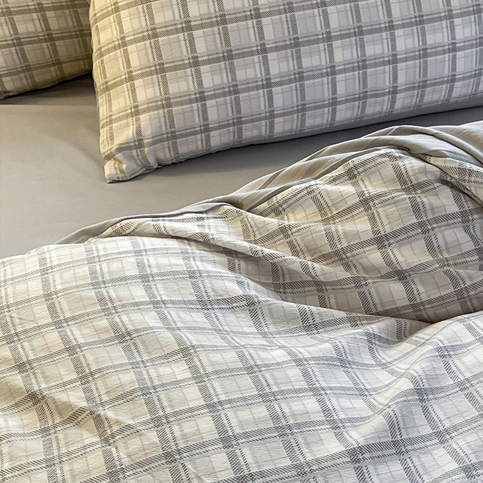 91家纺网 家纺一手货源 找家纺 玖明2025新款A类加厚柔软针织棉双层纱四件套 格纹经典