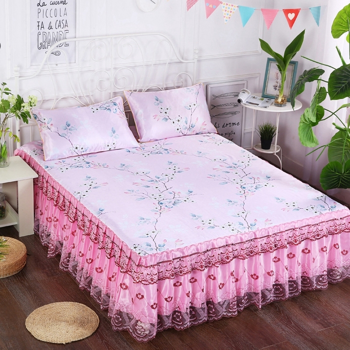 91家纺网 家纺一手货源 找家纺 情恒家纺2025新款床裙款冰丝布艺软凉席三件套 春暖花开-粉