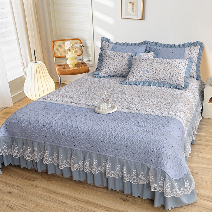 91家纺网 家纺一手货源 找家纺 梦柏 2025新款韩版双层纱夹棉绗缝床盖夏被四件套 幽香