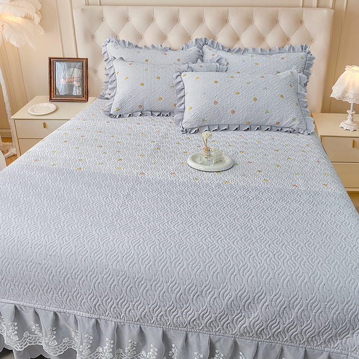 91家纺网 家纺一手货源 找家纺 梦柏 2025新款韩版双层纱夹棉绗缝床盖夏被四件套 南瓜派对