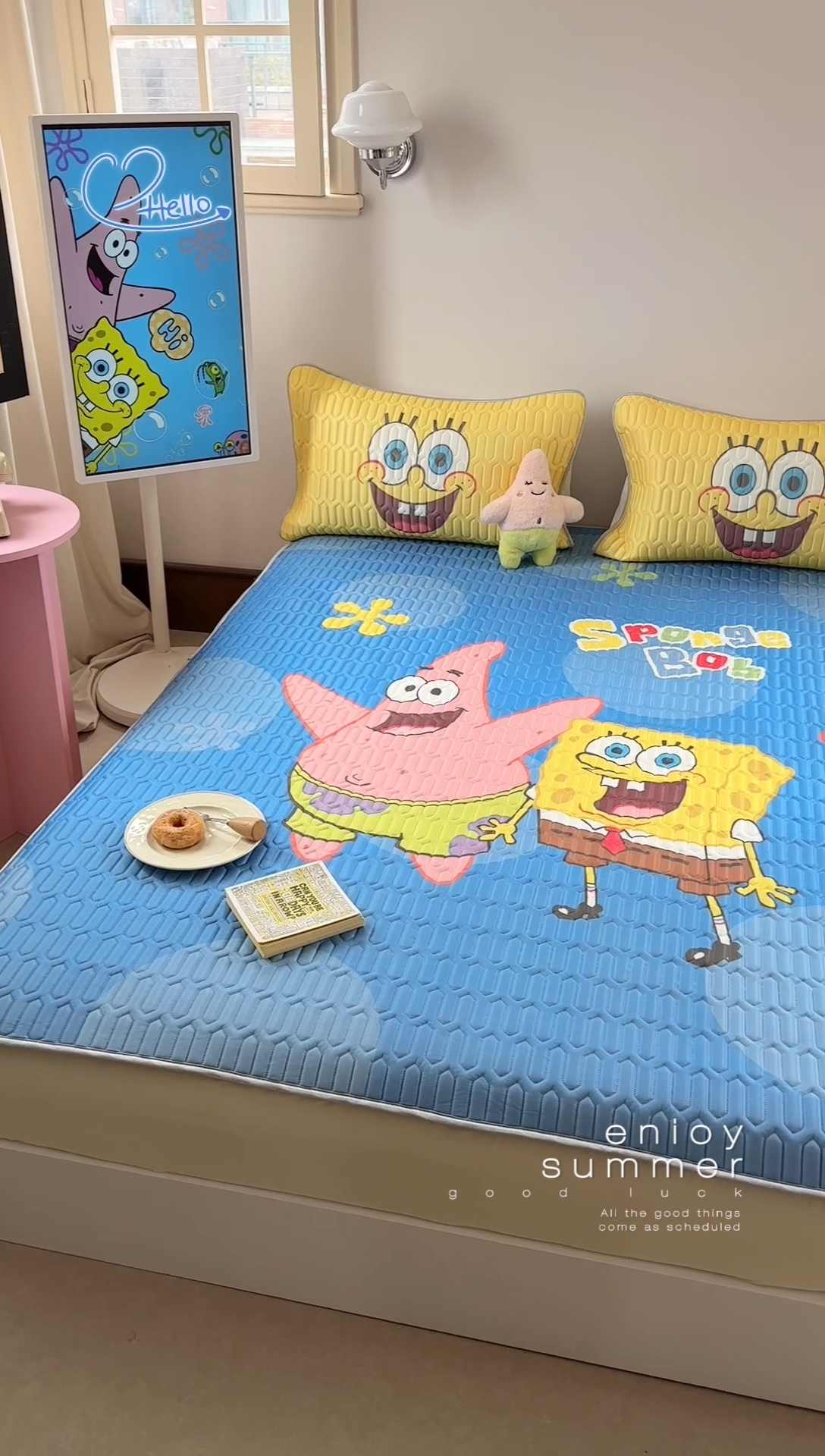 91家纺网 家纺一手货源 找家纺 金爱家 2025新款海绵宝宝乳胶凉席床笠款凉席席子 凉席床笠款-蓝蓝海绵宝宝