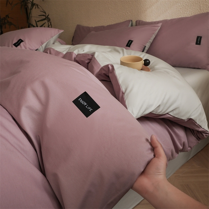 91家纺网 家纺一手货源 找家纺 启程2025新款全棉纯色双拼无印风四件套 香芋紫+绅士灰