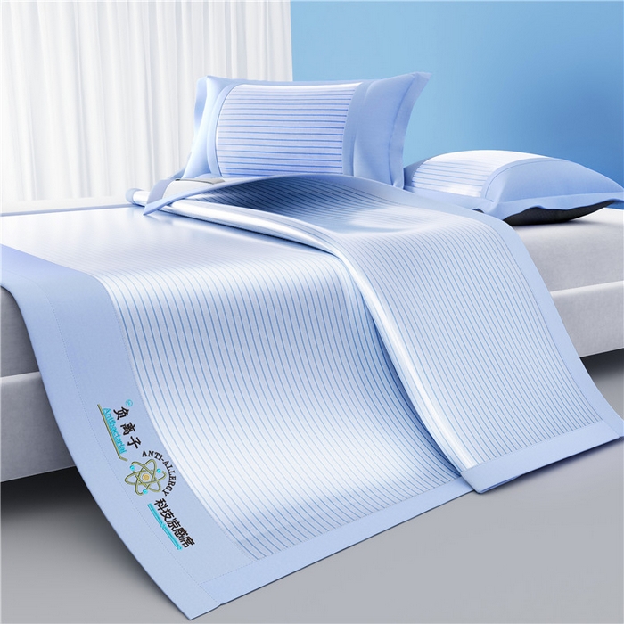 91家纺网 家纺一手货源 找家纺 悠米悠家 2025新款负离子+抗菌系列凉席床笠三件套 负离子蓝色