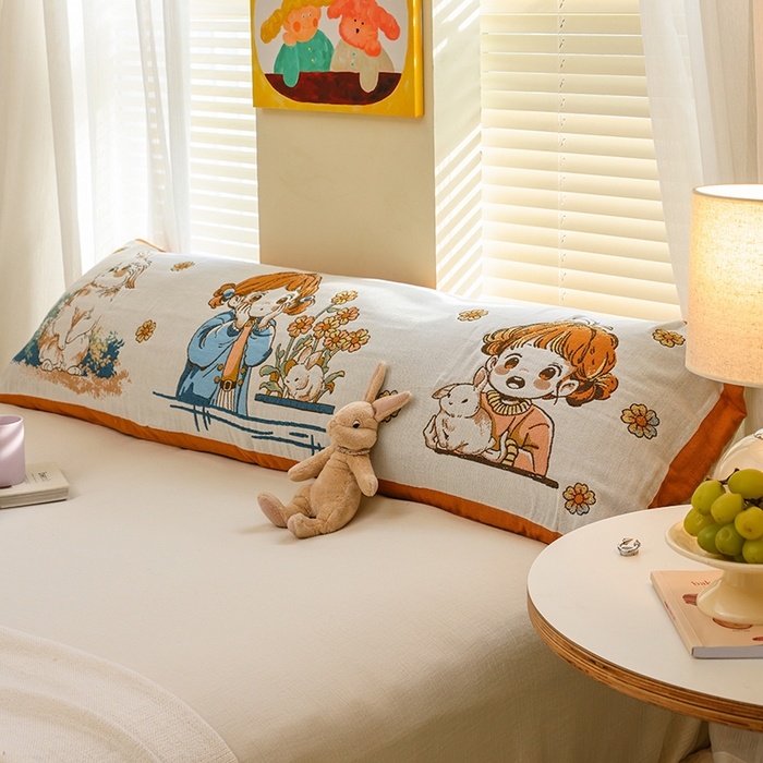 91家纺网 家纺一手货源 找家纺 雯雨2025新款A类卡通双人纱布枕套 花团女孩