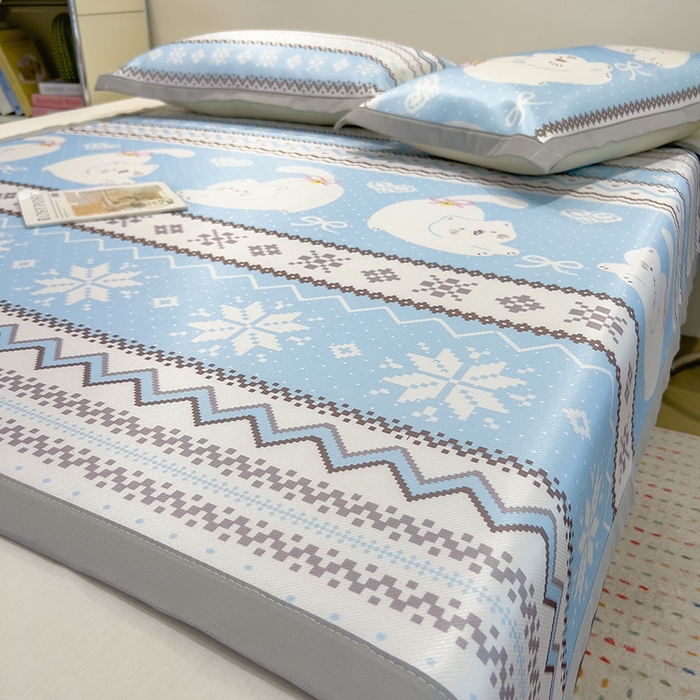 91家纺网 家纺一手货源 找家纺 摩妮卡 2025小清新数码冰丝席 碳光席三件套 蓝调喵影