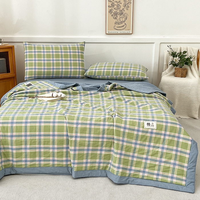 91家纺网 家纺一手货源 找家纺 鸣升家纺 2025新款100%里外全棉棉花夏被无印风全棉色织水洗棉夏凉被空调被夏被春秋被单人可机洗 初时绿