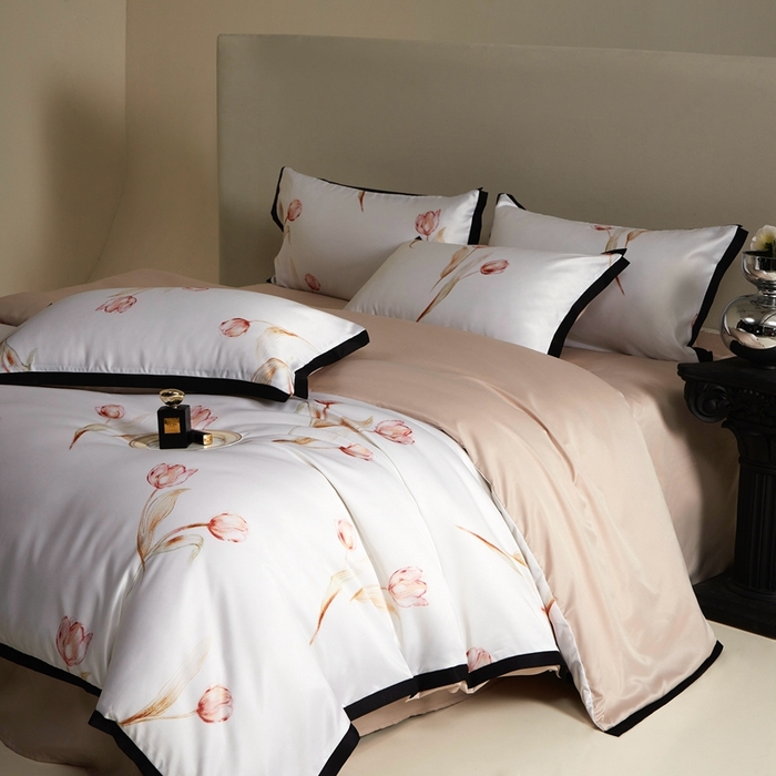 91家纺网 家纺一手货源 找家纺 优悦 2025新款冰丝数码印花四件套 花期-香槟