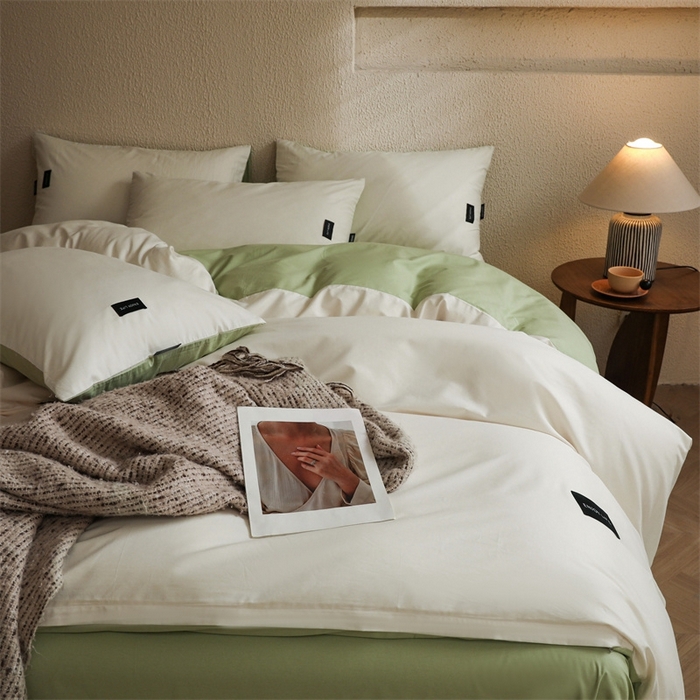 91家纺网 家纺一手货源 找家纺 启程2025新款全棉纯色双拼无印风四件套 奶白+草绿