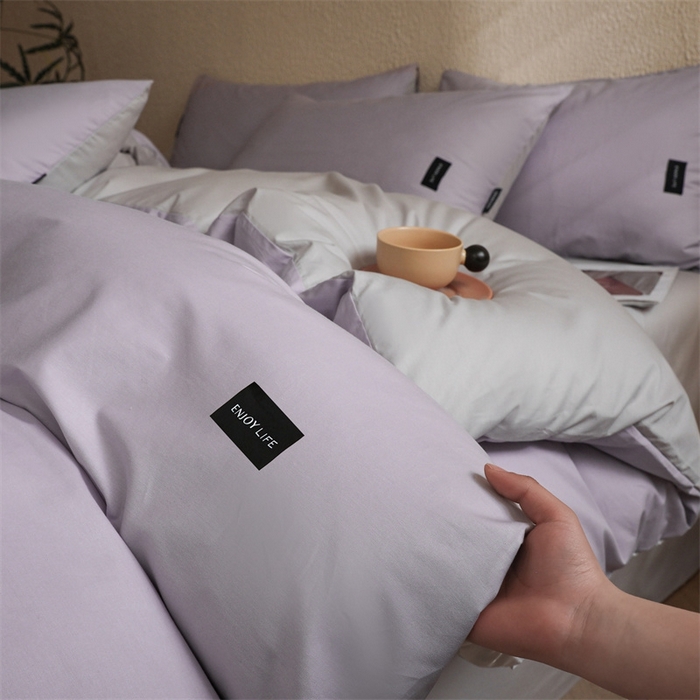 91家纺网 家纺一手货源 找家纺 启程2025新款全棉纯色双拼无印风四件套 水晶紫+绅士灰