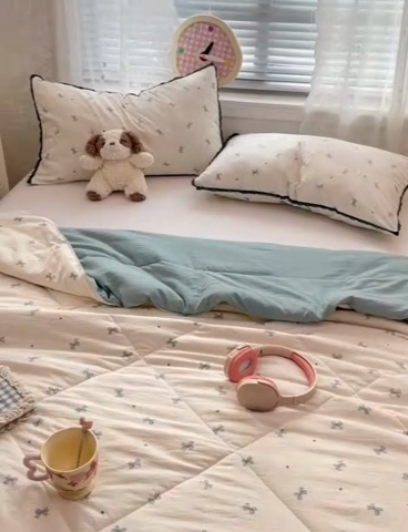 91家纺网 家纺一手货源 找家纺 优承佳生活馆 2025新款云感双层纱浪漫小花边抗菌夏被子被芯 爱心蝴蝶结