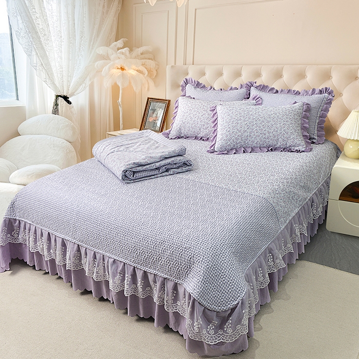 91家纺网 家纺一手货源 找家纺 梦柏 2025新款韩版双层纱夹棉绗缝床盖夏被四件套 清风