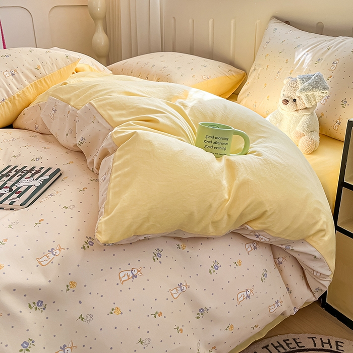 91家纺网 家纺一手货源 找家纺 玖明2025新款A类加厚柔软针织棉双层纱四件套 兔梦花开